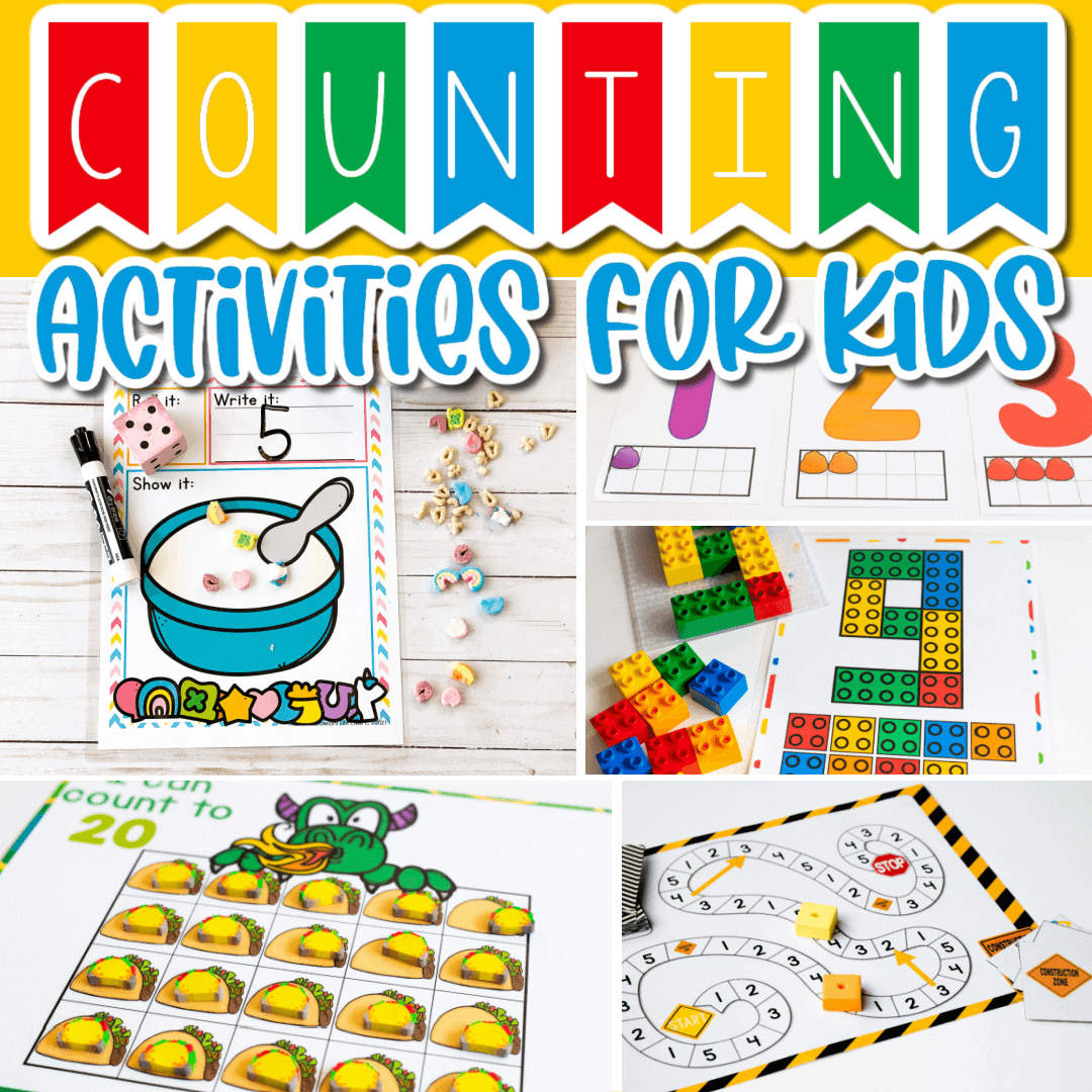 collage of playful preschool math ideas featuring a duplo® block counting mat, board game, dragons love tacos counting grid, play dough ten-frame activity, and cereal dice game.