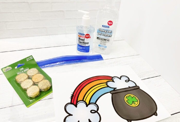 st. patrick's day sensory bag counting activity supplies with printed pot of gold counting mat