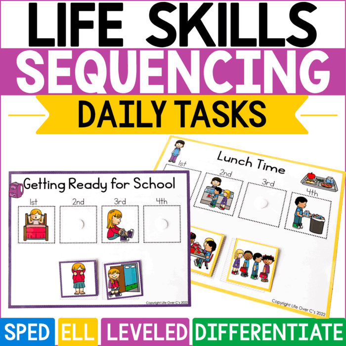 life skills sequencing daily tasks activity cover shows colorful four-step sequencing mats for getting ready for school and lunch time with movable picture cards. this differentiated sped and ell sequencing activity helps children put everyday routines in order while practicing life skills, first-next-then-last concepts, oral language, comprehension, and independent thinking.