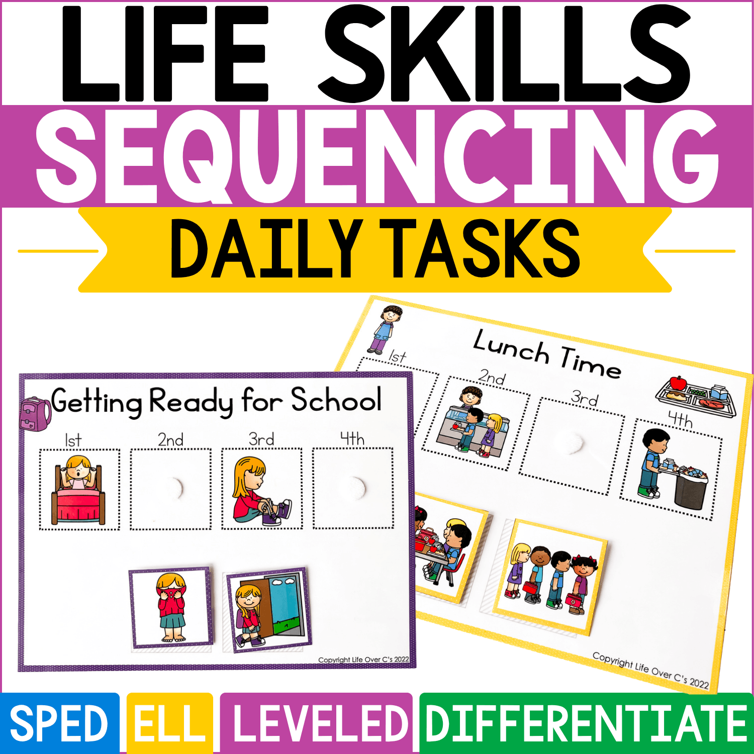 life skills sequencing daily tasks activity cover shows colorful four-step sequencing mats for getting ready for school and lunch time with movable picture cards. this differentiated sped and ell sequencing activity helps children put everyday routines in order while practicing life skills, first-next-then-last concepts, oral language, comprehension, and independent thinking.