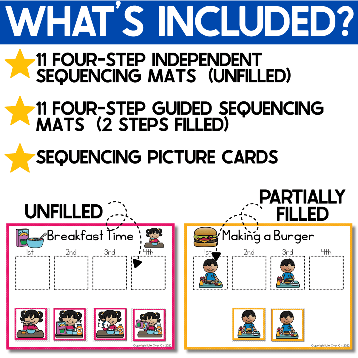 what’s included in the life skills sequencing daily tasks resource: 11 unfilled four-step independent sequencing mats, 11 partially completed four-step guided sequencing mats, and matching sequencing picture cards. sample breakfast time and making a burger activities show two levels of support for practicing daily routines, sequencing events, visual comprehension, and life skills.