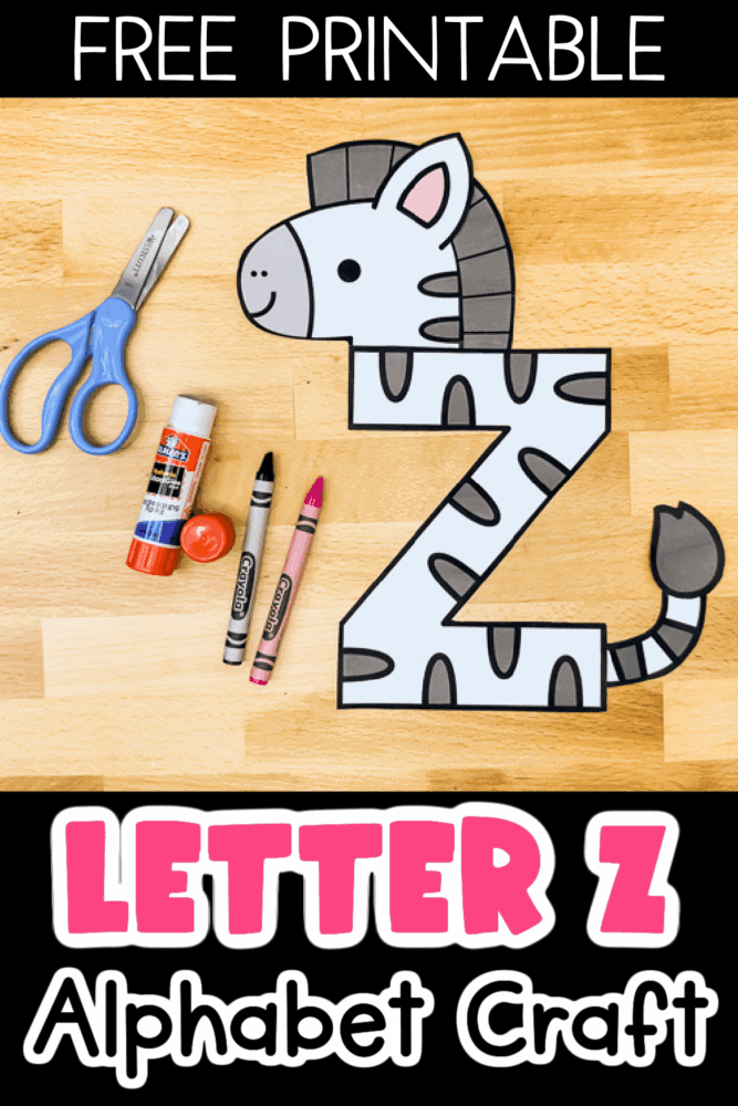 letter z craft for kids featuring a zebra design. free printable preschool alphabet craft with step-by-step photos showing how to assemble the zebra.
