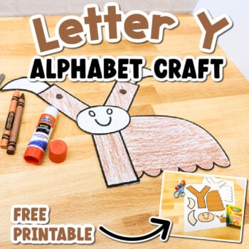 letter y alphabet craft finished as a yak with brown coloring, crayons, glue, and printable template. free preschool activity for hands-on letter learning.