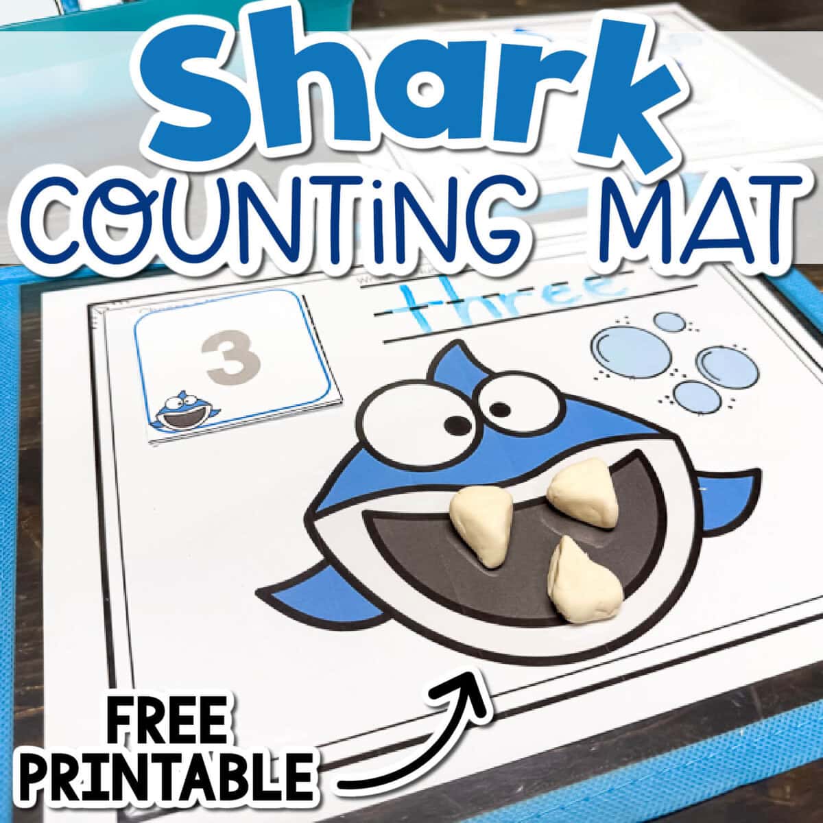 child adding play dough shark teeth to counting mat during a fun preschool math activity focused on one-to-one correspondence.