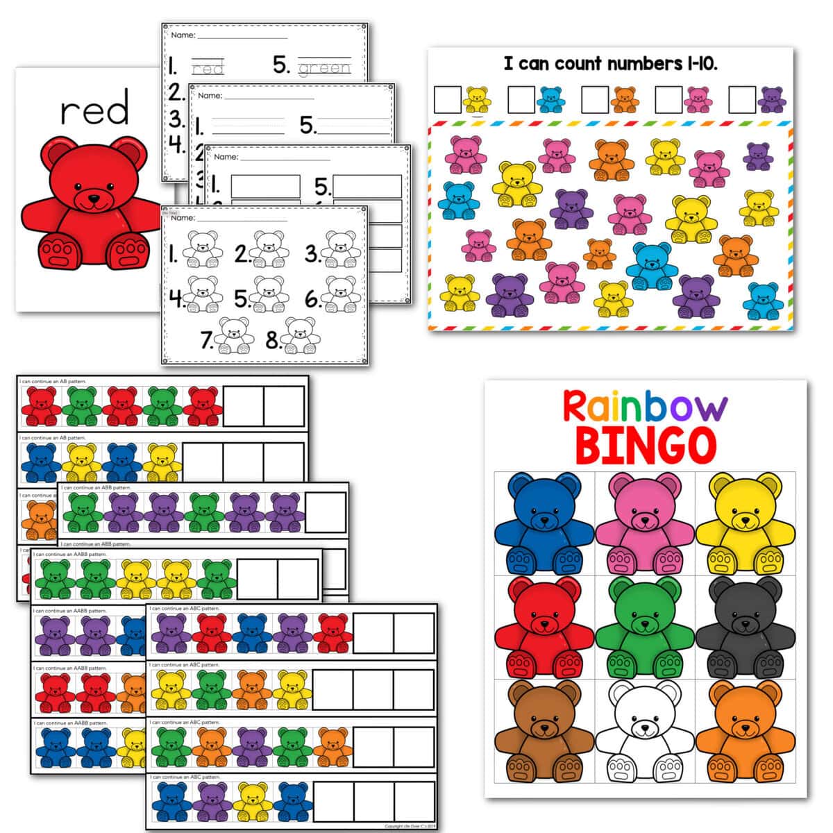 rainbow bear prek pack math and literacy activities