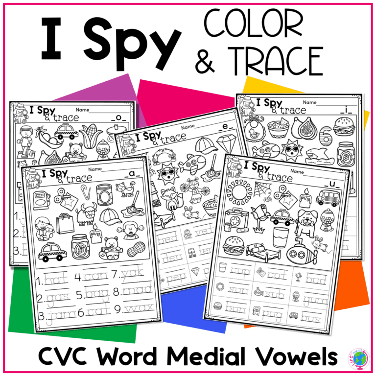 five black-and-white printable cvc word i spy trace and color worksheets for short vowel sounds a, e, i, o, and u. each worksheet features fun picture clues, traceable cvc words, and coloring areas for hands-on phonics practice. text on the image reads “i spy color & trace cvc word medial vowels.