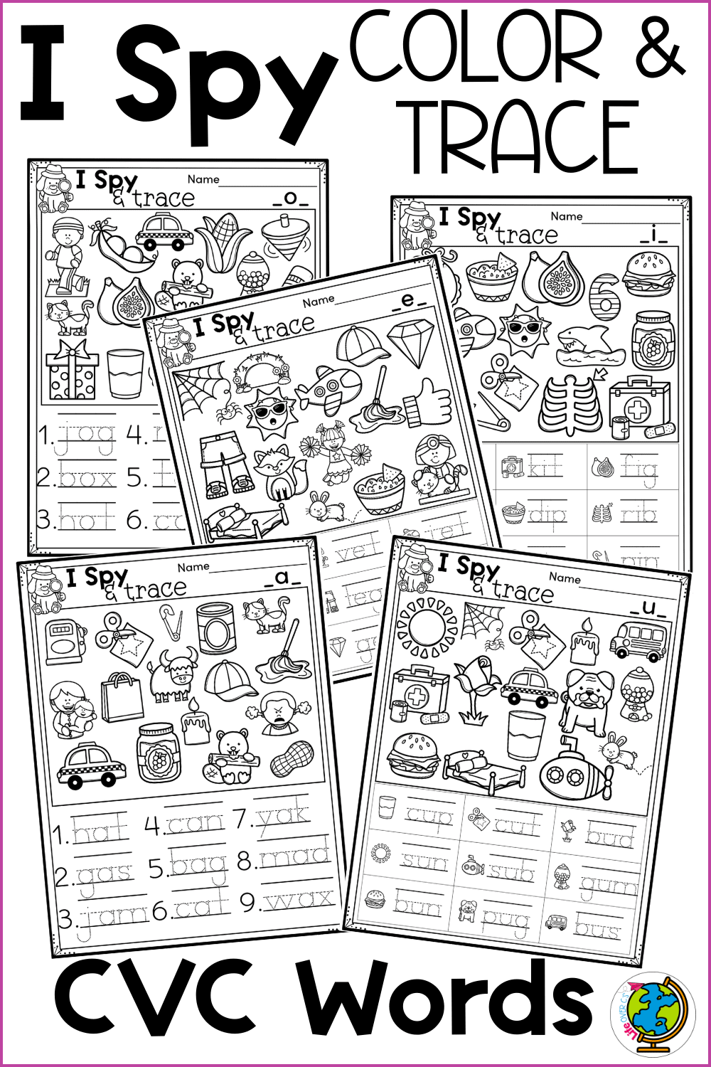 i spy and trace cvc words printable worksheets featuring color and trace activities for short vowel word practice. these cvc word literacy pages help preschool and kindergarten students build phonics skills, word recognition, handwriting, and visual discrimination through engaging i spy pictures and traceable cvc words.