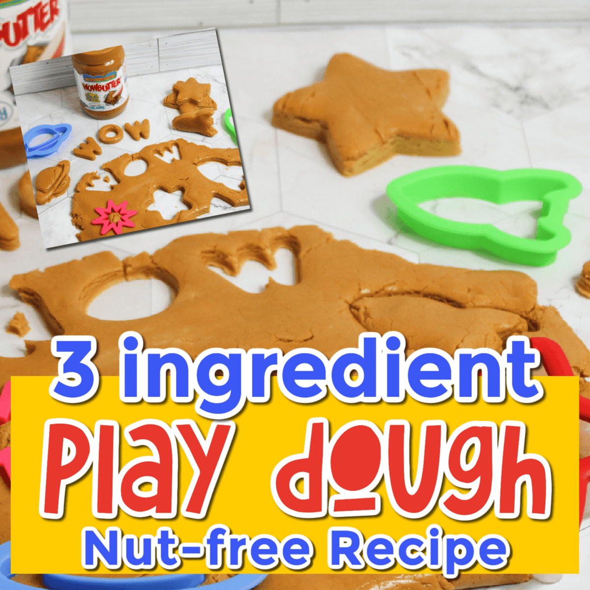 peanut-free taste-safe play dough made with wow butter, spread out for cutting and shaping, ideal for preschool sensory play and fine motor learning.