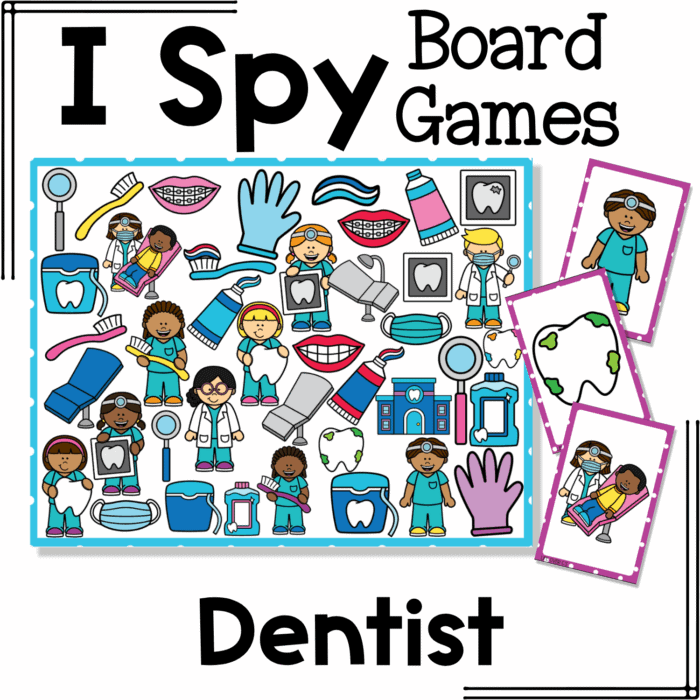 i spy flip board game dentist theme featuring a colorful dental office community helpers activity for preschool and kindergarten. the board includes dentists, dental hygienists, toothbrushes, toothpaste, dental chairs, x-rays, teeth, gloves, and mouth images for visual discrimination, vocabulary building, and social studies centers.