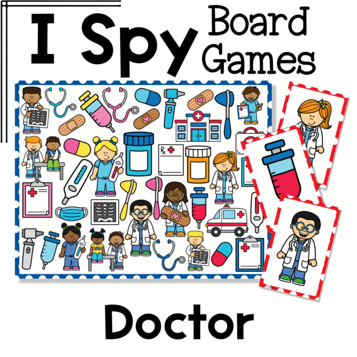 i spy flip board game doctor theme with doctors, nurses, thermometers, stethoscopes, bandages, medicine bottles, hospital buildings, and medical tools. this community helpers i spy game supports visual discrimination, vocabulary development, and dramatic play connections for preschool and kindergarten classrooms.