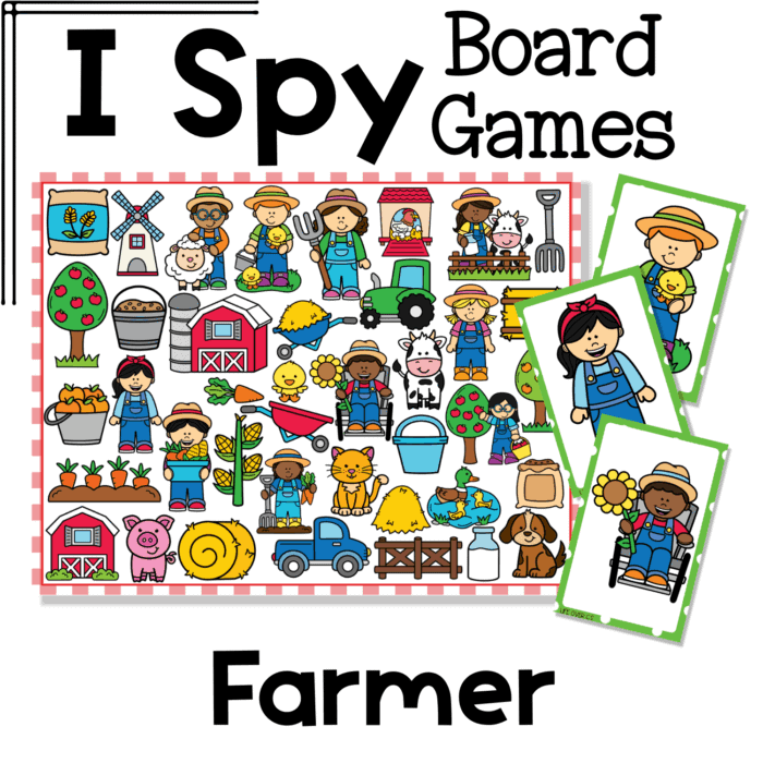i spy flip board game farmer theme featuring farm animals, tractors, barns, crops, hay bales, farmers, and gardening tools. this farm community helpers visual discrimination game encourages vocabulary development, observation skills, and social studies learning in preschool and kindergarten.