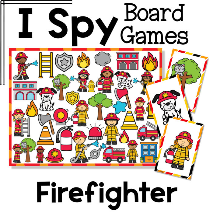 i spy flip board game firefighter theme featuring firefighters, fire trucks, fire helmets, ladders, hoses, fire extinguishers, dalmatian dogs, flames, fire stations, and safety cones. this community helpers i spy board game supports visual discrimination, vocabulary development, social studies lessons, and fire safety activities for preschool and kindergarten centers.