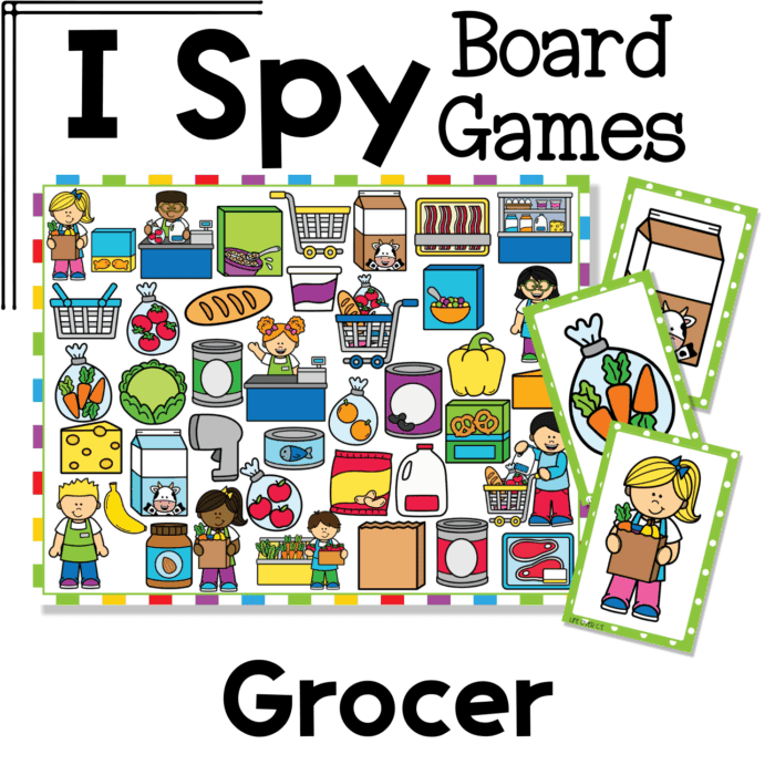 i spy flip board game grocer theme with grocery store items including fruits, vegetables, shopping carts, cash registers, milk, bread, canned goods, and store workers. this grocery store community helpers activity strengthens visual discrimination, vocabulary, and early social studies skills.