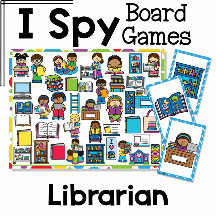 i spy flip board game librarian theme featuring books, bookshelves, computers, library desks, reading children, and librarians. this literacy-themed community helpers i spy game builds visual discrimination, vocabulary development, and early reading awareness in preschool and kindergarten.