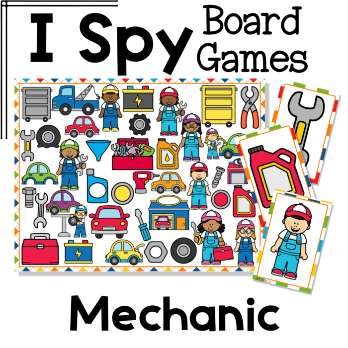 i spy flip board game mechanic theme with cars, tools, wrenches, tires, toolboxes, oil cans, and mechanics in a garage setting. this community helpers visual discrimination board game supports vocabulary, observation skills, and transportation unit activities.