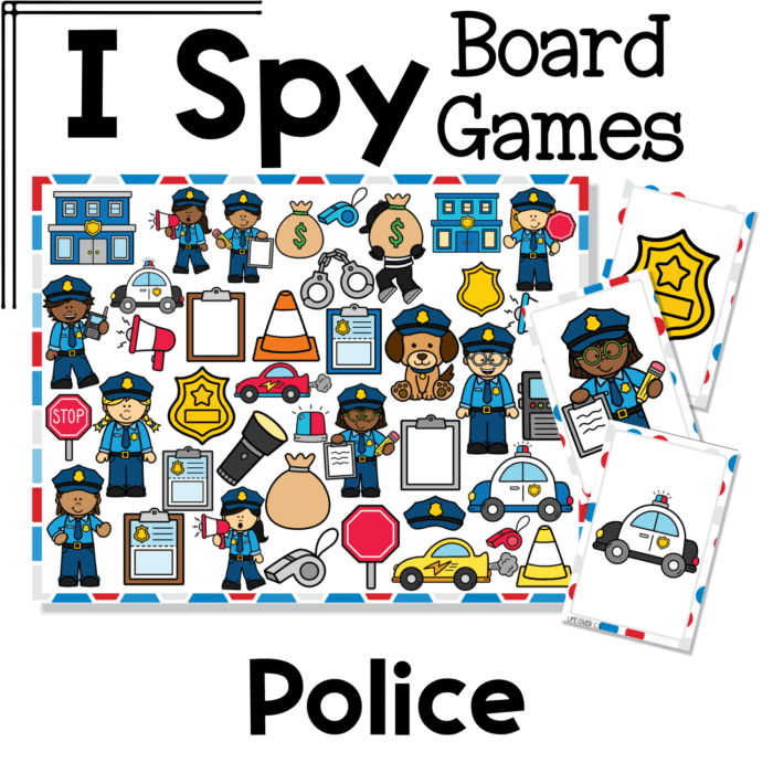i spy flip board game police theme featuring police officers, patrol cars, stop signs, badges, whistles, handcuffs, and safety tools. this community helpers i spy game encourages visual discrimination, vocabulary building, and social studies discussions about safety helpers.