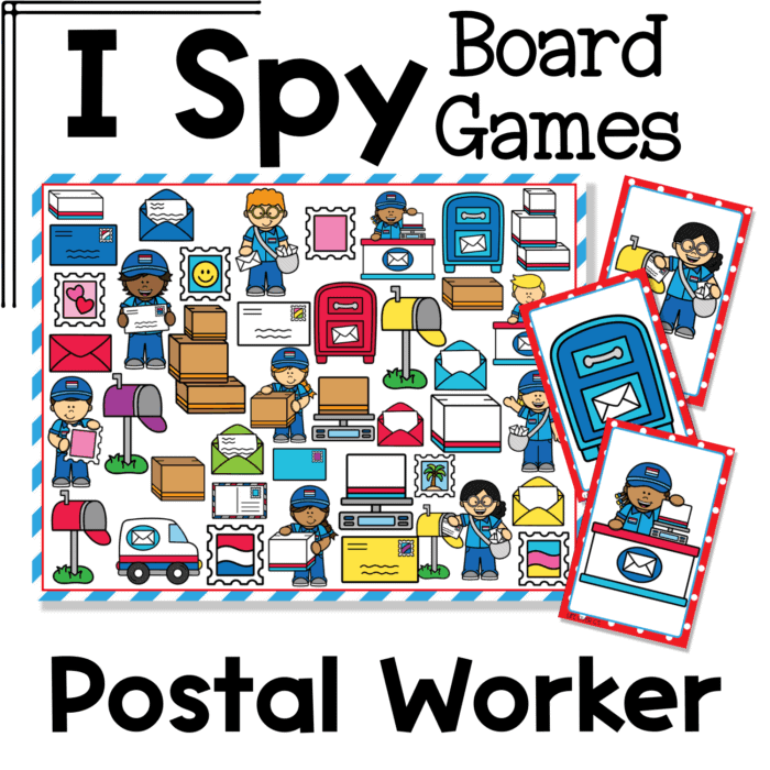i spy flip board game postal worker theme with mail carriers, mailboxes, envelopes, packages, stamps, and delivery trucks. this community helpers visual discrimination activity supports vocabulary, observation skills, and social studies learning for preschool and kindergarten.