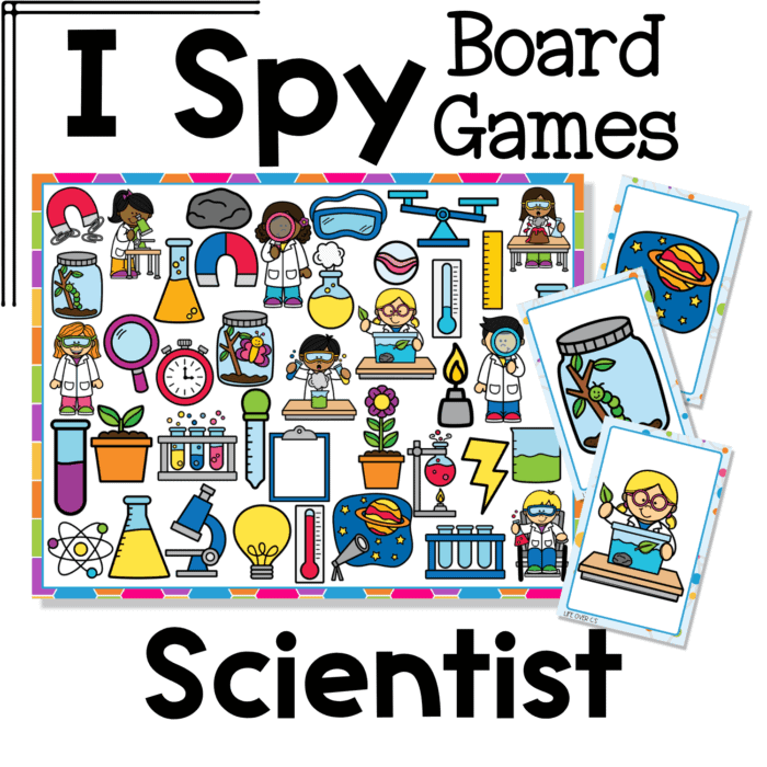 i spy flip board game scientist theme featuring lab equipment, magnifying glasses, beakers, magnets, microscopes, plants, and young scientists. this stem-focused community helpers i spy game strengthens visual discrimination, science vocabulary, and inquiry-based learning.