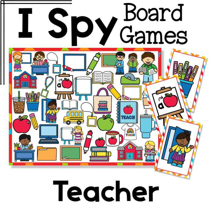 i spy flip board game teacher theme featuring classroom supplies, teachers, students, apples, chalkboards, books, pencils, school buses, clipboards, and classroom decor. this community helpers i spy game supports visual discrimination, vocabulary development, social studies lessons, and back to school activities for preschool and kindergarten centers.