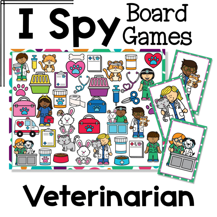i spy flip board game veterinarian theme with veterinarians, pets, animal carriers, medical tools, pet supplies, and animal care items. this community helpers visual discrimination board game supports vocabulary development, social studies learning, and dramatic play connections in preschool and kindergarten.