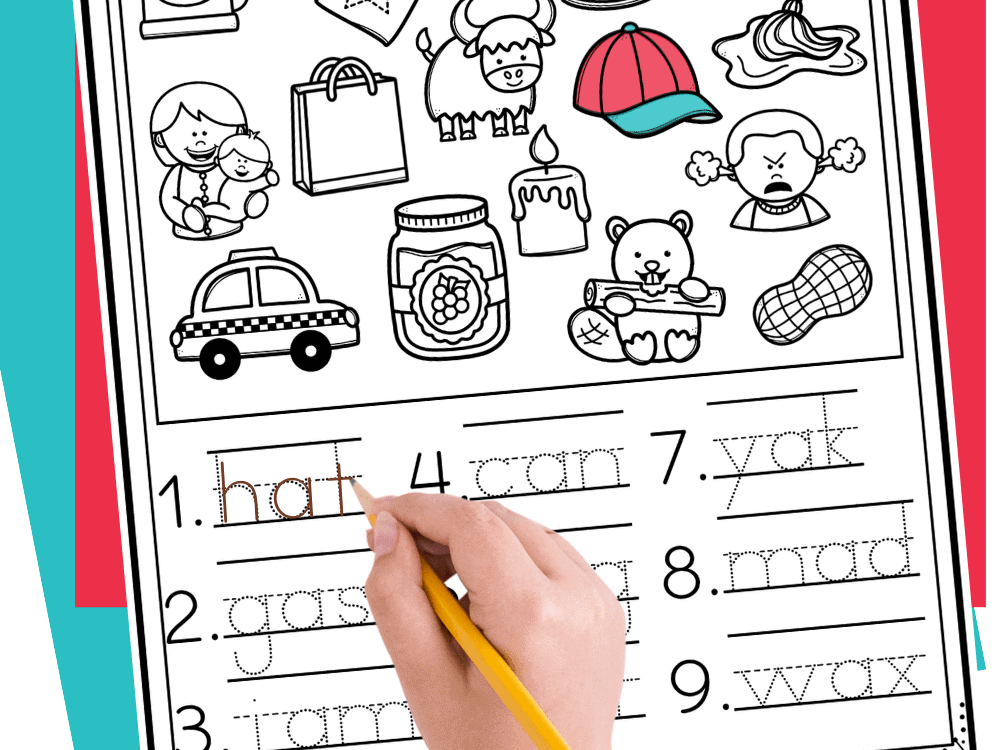 child tracing cvc words on an i spy and trace worksheet featuring short vowel word practice like hat, gas, jam, can, and wax. this printable kindergarten phonics activity supports cvc word recognition, handwriting skills, fine motor development, and early reading practice.