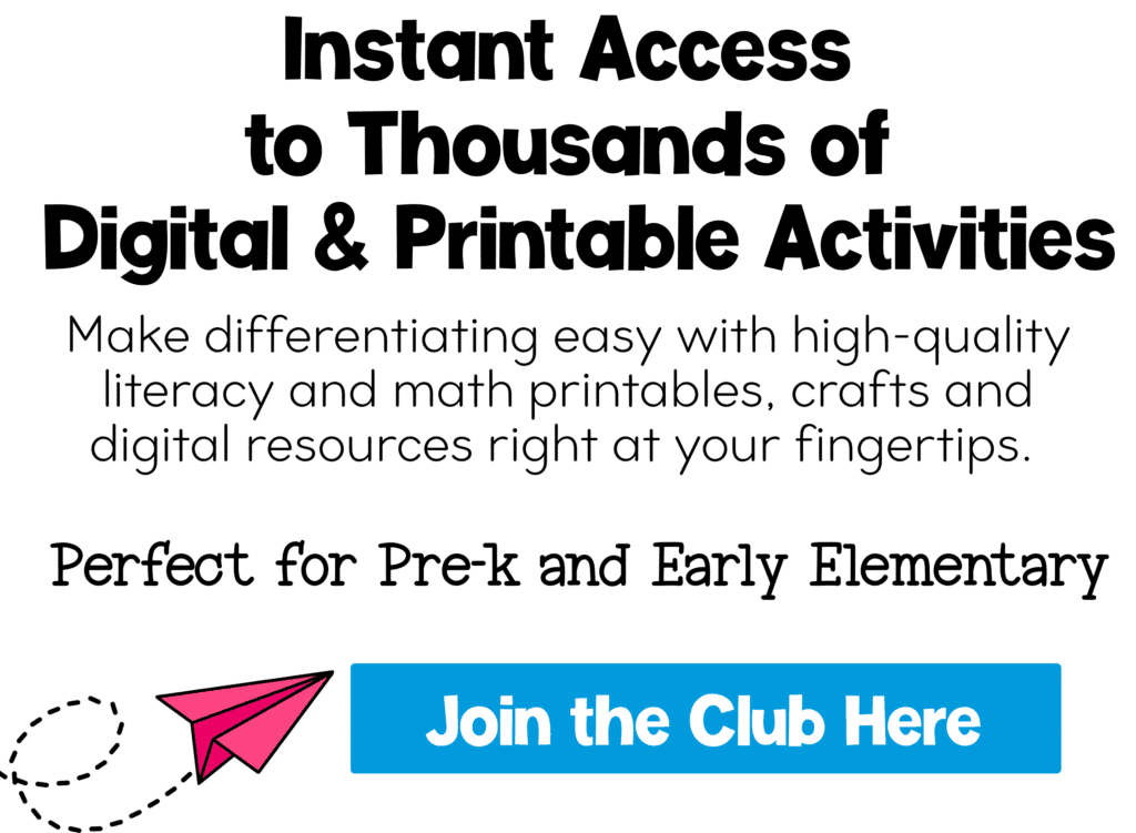 promotional graphic for life over c’s club showing the headline “instant access to thousands of digital & printable activities” with a blue “join the club here” button and paper airplane icon, highlighting literacy and math resources for pre-k and early elementary.