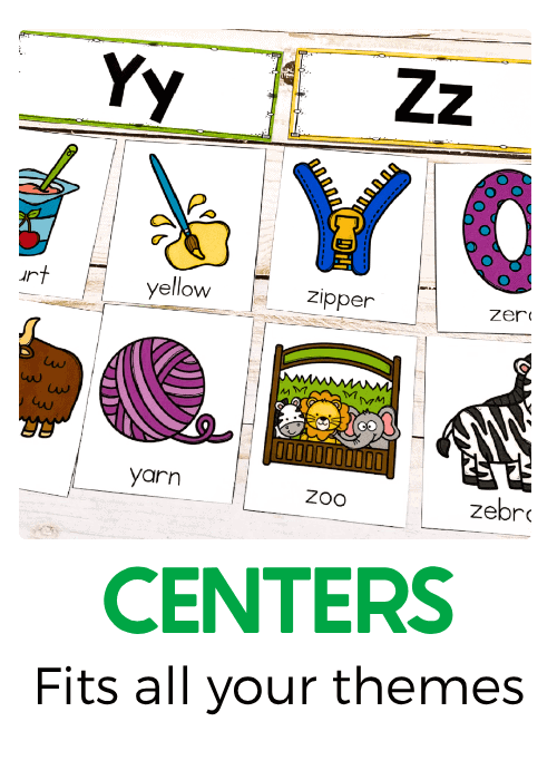 alphabet learning centers featuring uppercase and lowercase letter cards paired with colorful beginning sound pictures, including yarn, zipper, zoo, and yellow, for hands-on preschool literacy activities.