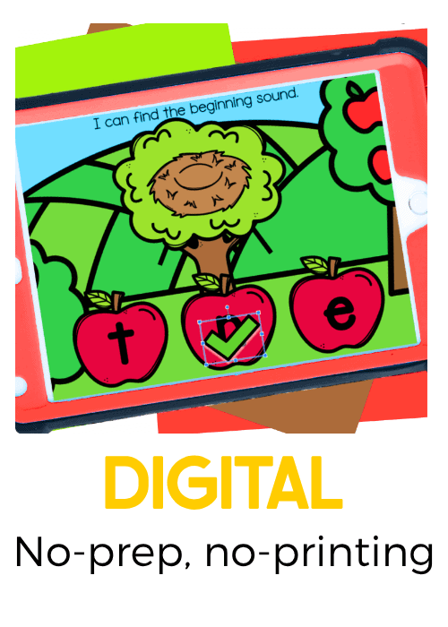 interactive digital beginning sounds activity on a tablet featuring a bird's nest in an apple tree and three letter choices on red apples, helping preschool and kindergarten students identify initial sounds.