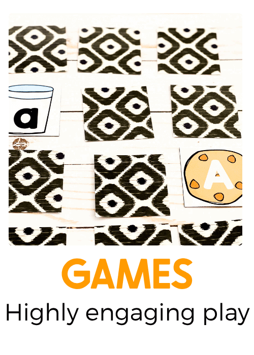 hands-on alphabet matching game featuring patterned cards flipped over to reveal uppercase and lowercase letter pairs, including an apple and letter a, for playful preschool letter recognition practice.