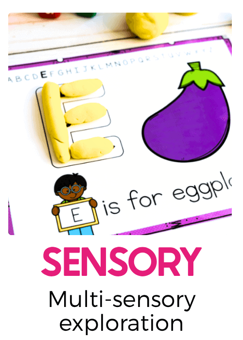 alphabet sensory activity featuring yellow playdough shaped into an uppercase letter e beside a colorful eggplant illustration, combining letter formation, fine motor skills, and beginning sounds.