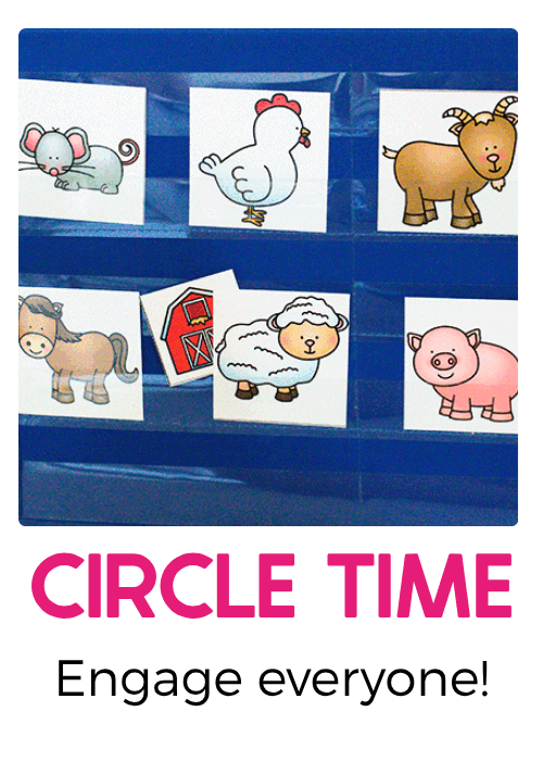 farm animal pocket chart activity featuring colorful picture cards of a mouse, chicken, goat, horse, sheep, and pig, perfect for interactive preschool circle time games, animal vocabulary, and group learning.