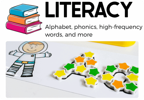 literacy learning activities for preschool and kindergarten featuring alphabet, phonics, high-frequency words, and early reading skills, with a hands-on astronaut activity using colorful star manipulatives.
