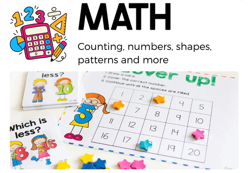 preschool and kindergarten math activities for counting, number recognition, shapes, patterns, and early math skills, featuring a numbers 1–20 game with colorful star manipulatives.