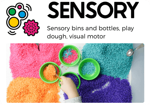sensory activities for preschool and kindergarten including sensory bins, sensory bottles, play dough, and visual motor activities, featuring colorful dyed rice and scooping tools.