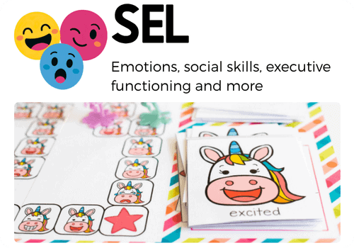social emotional learning activities for preschool and kindergarten covering emotions, social skills, and executive functioning, featuring a unicorn emotions matching activity and excited emotion card.