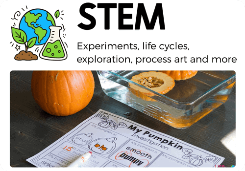 preschool and kindergarten stem activities featuring science experiments, life cycles, exploration, and process art, with a hands-on pumpkin investigation and observation worksheet.