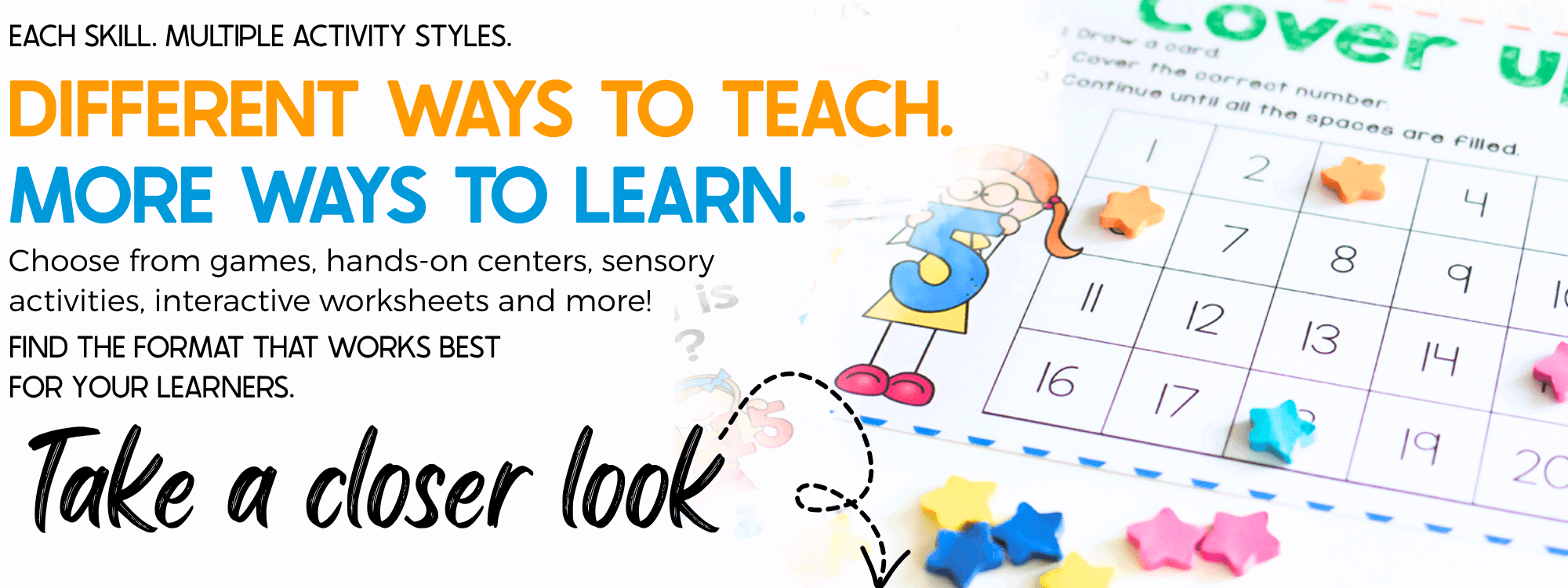 colorful preschool number recognition activity featuring a number grid, bright star manipulatives, and a counting character, highlighting different ways to teach early learning skills through games, sensory activities, hands-on centers, and interactive worksheets.
