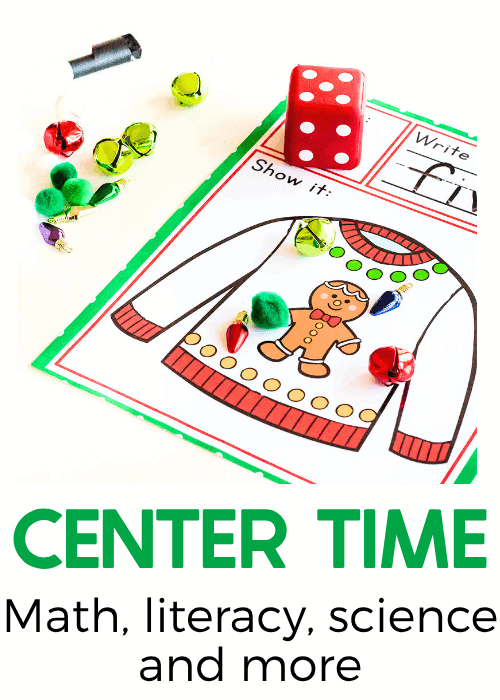 christmas-themed preschool math center featuring a gingerbread sweater counting mat, red number dice, colorful jingle bells, and pom-poms for hands-on counting, number recognition, and fine motor practice.