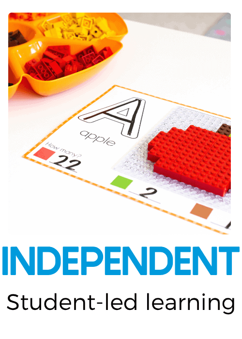 independent alphabet learning activity featuring an uppercase letter a and apple picture mat with red building bricks, allowing preschoolers to practice letter recognition, beginning sounds, counting, and fine motor skills.
