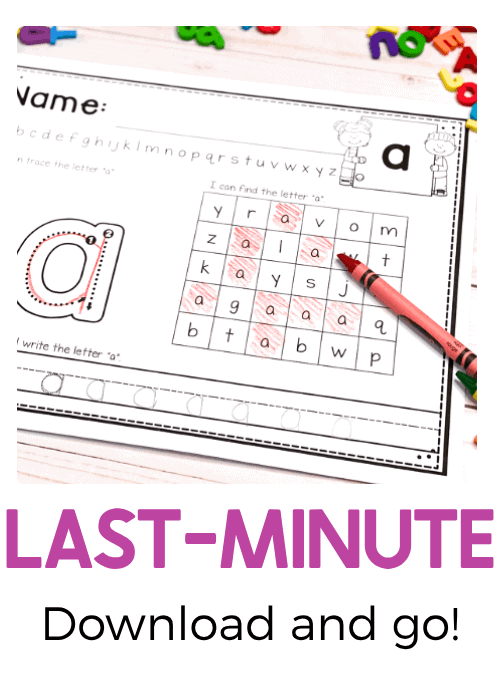 no-prep lowercase letter a worksheet featuring alphabet tracing, letter identification, a letter search grid with red crayon markings, and handwriting lines for quick preschool and kindergarten literacy practice.